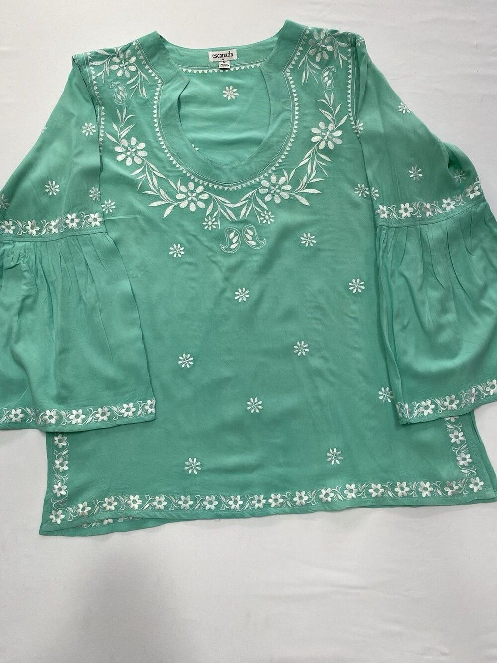 Boho Coastal Grandma Seafoam Green Embroidered Bell Sleeve Tunic Top M